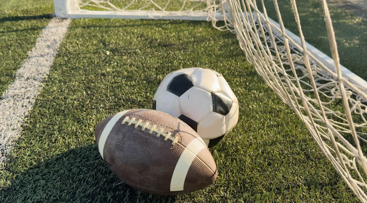 A football and soccer ball in a net