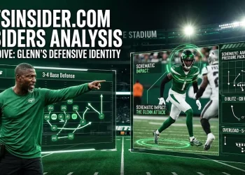 Cinematic film room analysis header for JetsInsider.com showing coach Aaron Glenn pointing at a 3-4 base defense digital chalkboard screen. To the right, high-tech HUD panels isolate a Jets defender on the field alongside detailed play diagrams labeled Zero Blitz and Overload 5-Man Front.