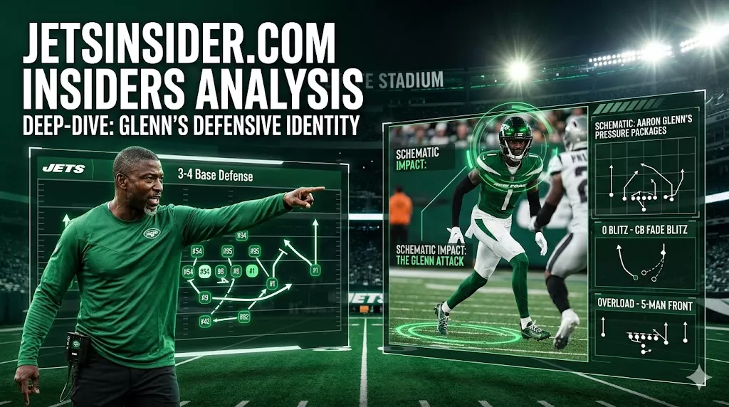 Cinematic film room analysis header for JetsInsider.com showing coach Aaron Glenn pointing at a 3-4 base defense digital chalkboard screen. To the right, high-tech HUD panels isolate a Jets defender on the field alongside detailed play diagrams labeled Zero Blitz and Overload 5-Man Front.