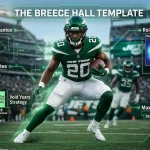 cinamatic image of Breece Hall with data overlays showing the heavy-front guarantee structure, void years strategy, and offensive role evolution under Frank Reich