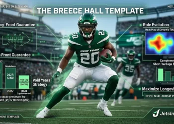 cinamatic image of Breece Hall with data overlays showing the heavy-front guarantee structure, void years strategy, and offensive role evolution under Frank Reich