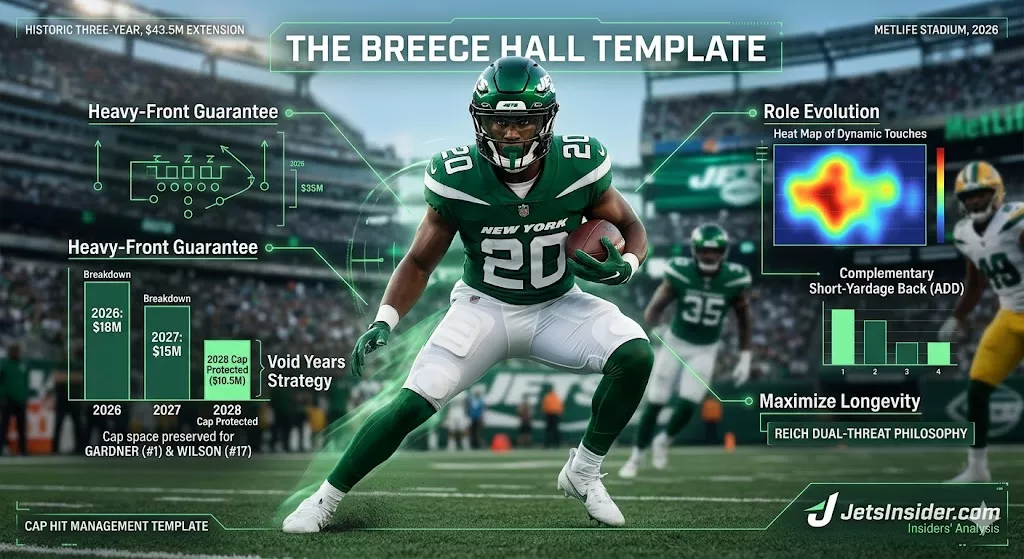 cinamatic image of Breece Hall with data overlays showing the heavy-front guarantee structure, void years strategy, and offensive role evolution under Frank Reich