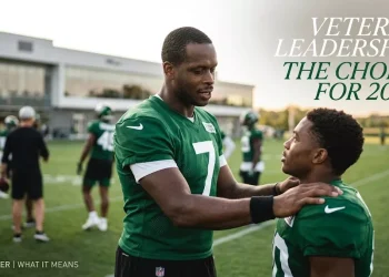 Candid header image focusing on quarterback Geno Smith mentoring younger players at the Jets practice facility, highlighting the veteran leadership and stability he provides for the 2026 season.