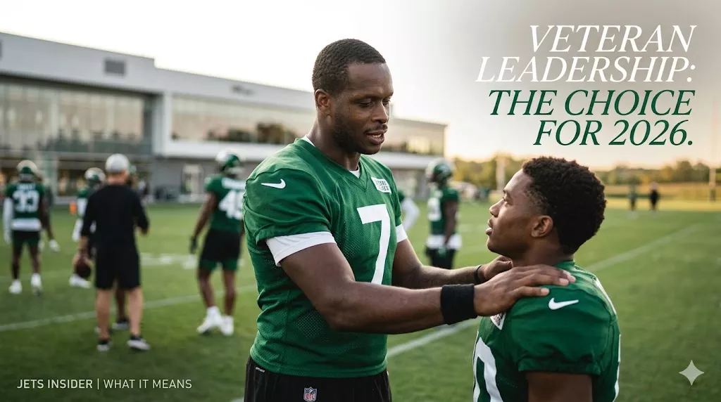 Candid header image focusing on quarterback Geno Smith mentoring younger players at the Jets practice facility, highlighting the veteran leadership and stability he provides for the 2026 season.