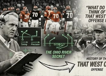 A vintage-style black and white composite header image illustrating the true history of the West Coast Offense, showing Bill Walsh with Paul Brown as the 'Ohio River Secret' connected by an arrow to Bill Parcells and the mock 'West Coast' quote