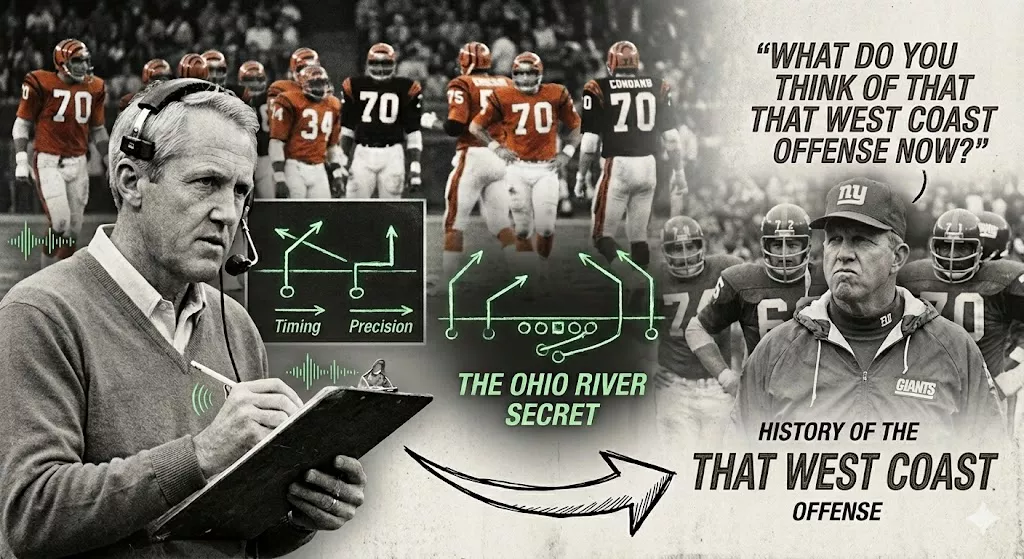 A vintage-style black and white composite header image illustrating the true history of the West Coast Offense, showing Bill Walsh with Paul Brown as the 'Ohio River Secret' connected by an arrow to Bill Parcells and the mock 'West Coast' quote