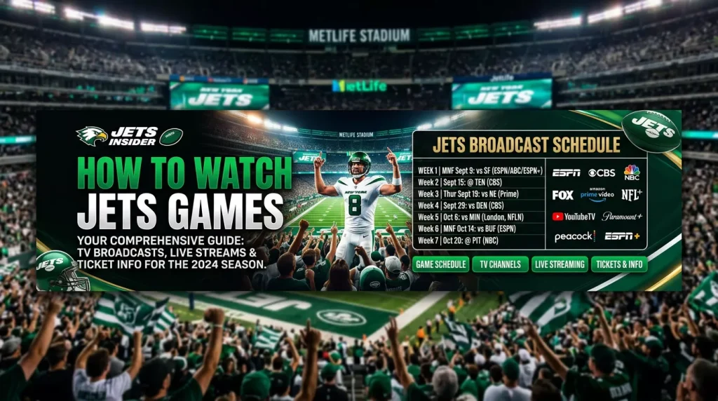 A comprehensive guide for watching New York Jets games, featuring a schedule of upcoming matches, broadcast channels like ESPN, CBS, and NBC, and live streaming options including Paramount+ and YouTubeTV.