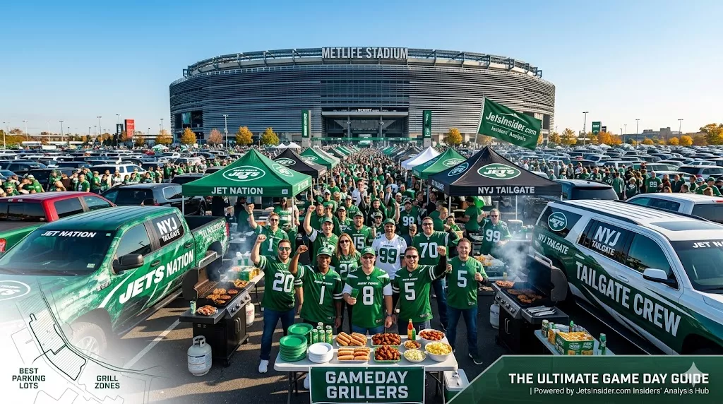 bright, wide-angle header for JetsInsider.com showing a large crowd of New York Jets fans tailgating outside MetLife Stadium on a clear day. Custom green trucks labeled 'JETS NATION' and 'TAILGATE CREW' surround a central banquet table packed with burgers, wings, and hot dogs next to active smoking grills. Green trucks labeled 'Tailgate crew' and "jets Nation'.