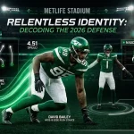 Cinematic 2026 New York Jets defensive analysis header featuring David Bailey in a Wide-9 edge explosion stance and Sauce Gardner in The Island press-man shadow, with tactical overlays of Aaron Glenn's simulated pressure and NASCAR speed package.
