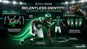 Cinematic 2026 New York Jets defensive analysis header featuring David Bailey in a Wide-9 edge explosion stance and Sauce Gardner in The Island press-man shadow, with tactical overlays of Aaron Glenn's simulated pressure and NASCAR speed package.