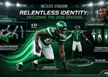 Cinematic 2026 New York Jets defensive analysis header featuring David Bailey in a Wide-9 edge explosion stance and Sauce Gardner in The Island press-man shadow, with tactical overlays of Aaron Glenn's simulated pressure and NASCAR speed package.