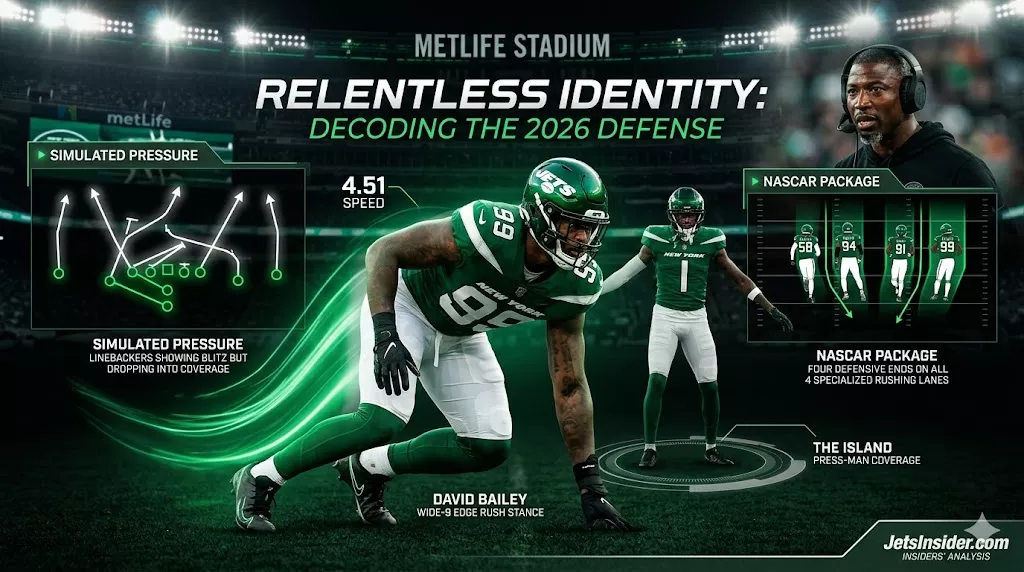 Cinematic 2026 New York Jets defensive analysis header featuring David Bailey in a Wide-9 edge explosion stance and Sauce Gardner in The Island press-man shadow, with tactical overlays of Aaron Glenn's simulated pressure and NASCAR speed package.