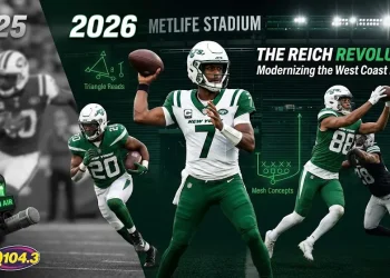 Cinematic 2026 New York Jets offensive analysis header featuring Geno Smith with tactical overlays of the Frank Reich West Coast playbook, 12 personnel, and mesh concepts at MetLife Stadium.
