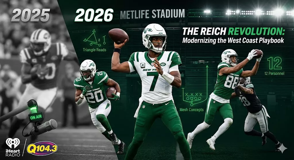 Cinematic 2026 New York Jets offensive analysis header featuring Geno Smith with tactical overlays of the Frank Reich West Coast playbook, 12 personnel, and mesh concepts at MetLife Stadium.