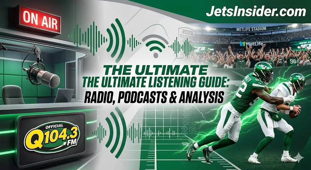 Wide cinematic header image for JetsInsider.com showing a dynamic mix of an ON AIR radio studio and a New York Jets player sack, with text reading 'THE ULTIMATE LISTENING GUIDE: RADIO, PODCASTS & ANALYSIS'. Optimized for 2026 SEO.