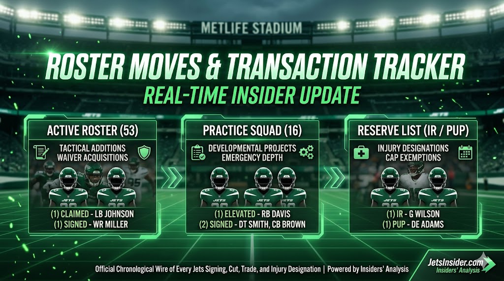 Cinematic infographic header for JetsInsider.com showing technical data overlays of the 'ROSTER MOVES & TRANSACTION TRACKER' timeline against a blurred MetLife Stadium background. It details chronological player transactions across the Active Roster (53), Practice Squad (16), and Reserve List (IR/PUP) with analytical icons.