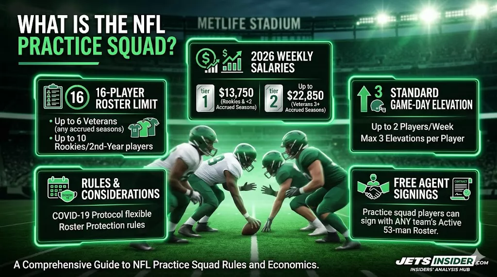 Detailed infographic header for JetsInsider.com explaining NFL practice squad rules, showing panels for the 16-player roster limit, 2026 weekly salaries ($13,750 for rookies, up to $22,850 for veterans), and game-day elevation rules.