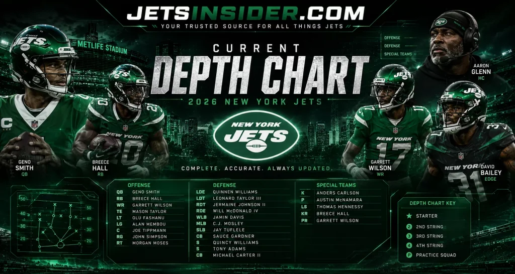 A page image mostly dark green with images of four NY Jet players, the NYJets logo, and Jetsinsider.com on the top in green and white letters