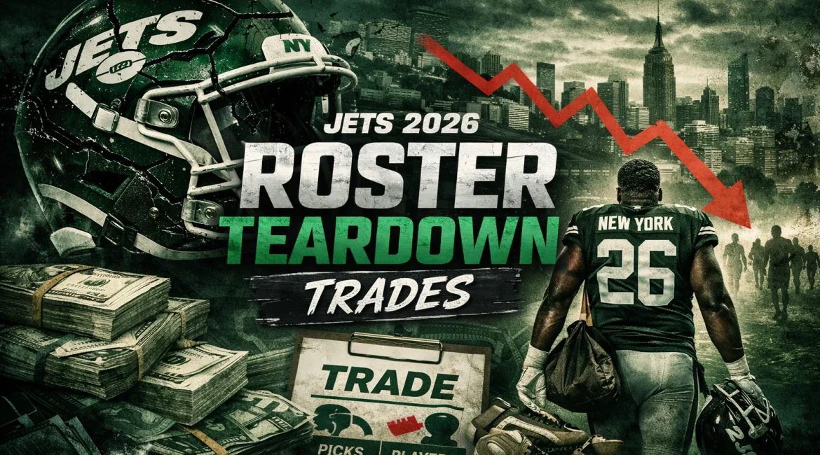The article image Roster Teardown title in white and green lettrs, with a New York Jet walking away: Inside the Jets’ 2025-26 Roster Teardown: Grading the Quinnen, Sauce & Johnson Trades