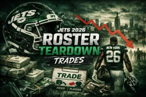 The article image Roster Teardown title in white and green lettrs, with a New York Jet walking away: Inside the Jets’ 2025-26 Roster Teardown: Grading the Quinnen, Sauce & Johnson Trades