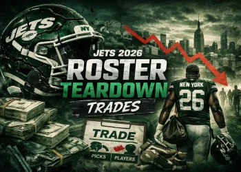 The article image Roster Teardown title in white and green lettrs, with a New York Jet walking away: Inside the Jets’ 2025-26 Roster Teardown: Grading the Quinnen, Sauce & Johnson Trades