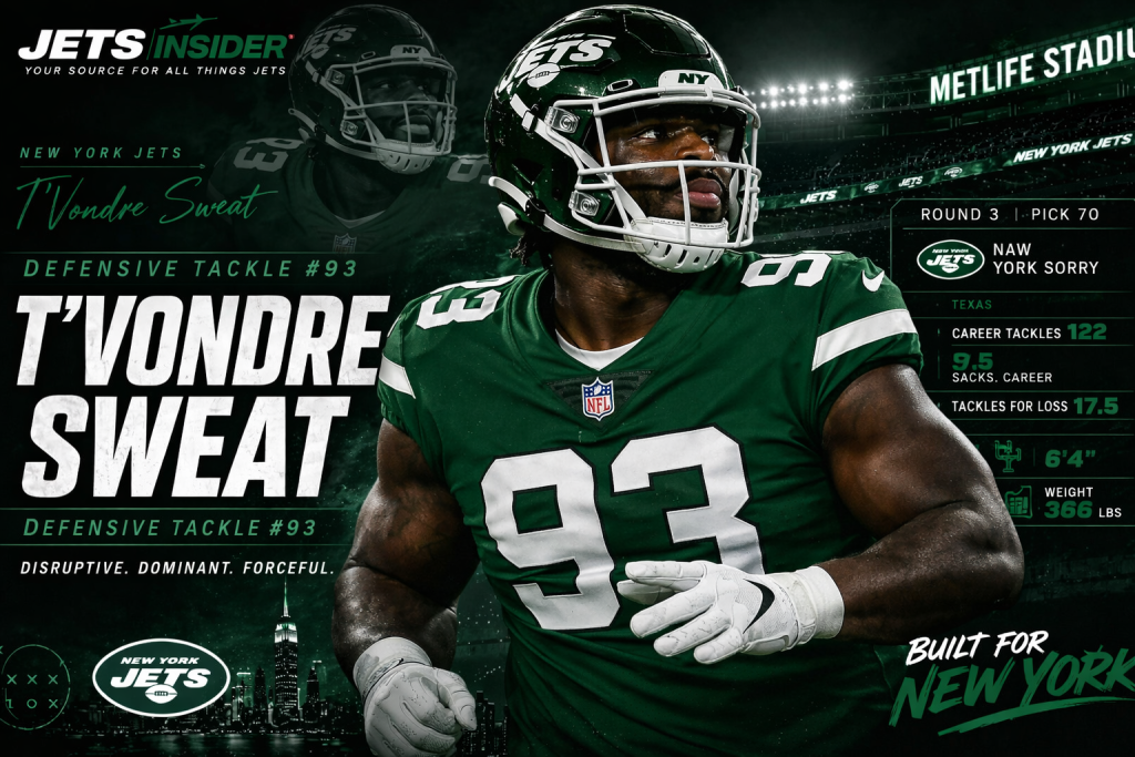 Player image on Jetsinsider.com - T’Vondre Sweat is a nose tackle for the New York Jets who was acquired from the Tennessee Titans on March 12, 2026, in a one-for-one swap that sent edge rusher Jermaine Johnson II to Tennessee.