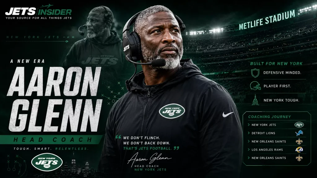 Aaron Glen page header -- he is the head coach of the NY Jets 2026 