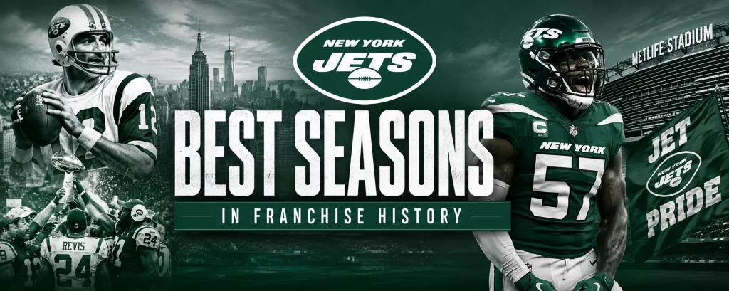 Chronological graphic header for JetsInsider.com ranking the best seasons in New York Jets history. Displayed via metallic green HUD panels overlaying a stadium grid, showcasing key eras: the 1968 Championship team, Bill Parcells' 1998 squad, and Rex Ryan's 2009-2010 Ground-and-Pound defense