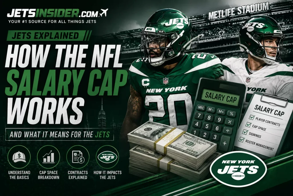 JetsInsider header graphic explaining how the NFL salary cap works for the New York Jets, featuring Jets players, salary cap calculator, contracts checklist, cash stacks, and MetLife Stadium background.