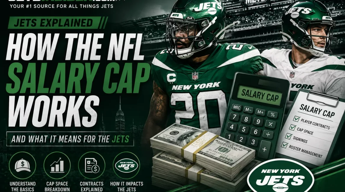 JetsInsider header graphic explaining how the NFL salary cap works for the New York Jets, featuring Jets players, salary cap calculator, contracts checklist, cash stacks, and MetLife Stadium background.