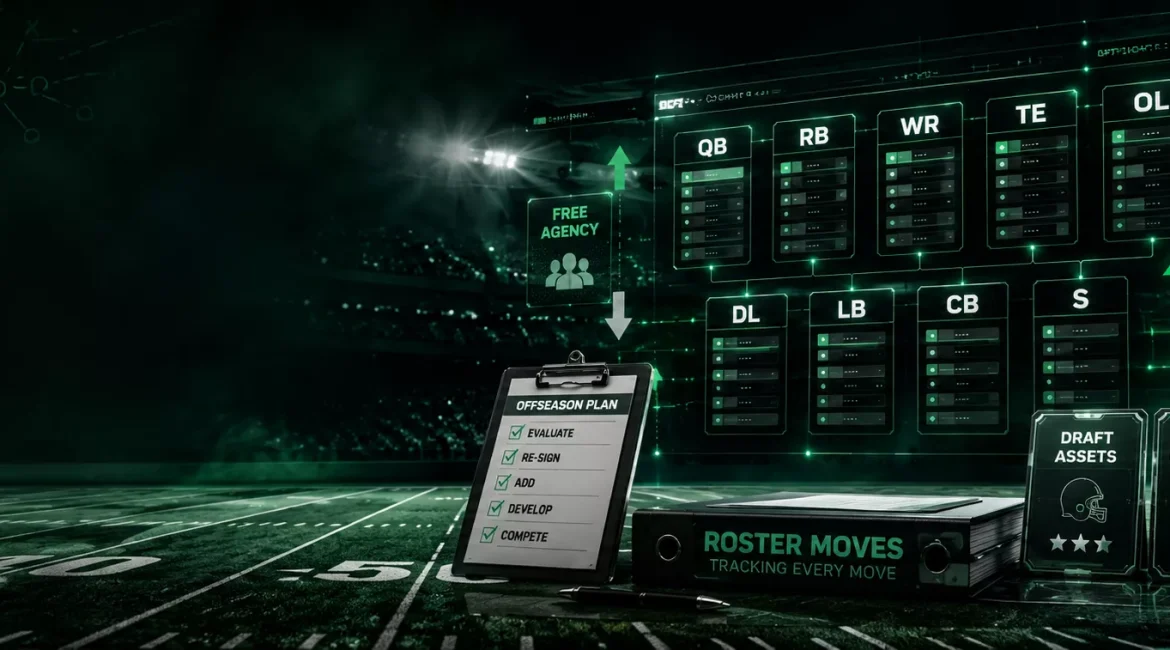 Cinematic football roster tracker graphic featuring a digital depth chart, offseason transactions, salary cap analysis, draft assets, and roster management strategy in a green stadium setting.