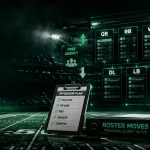 Cinematic football roster tracker graphic featuring a digital depth chart, offseason transactions, salary cap analysis, draft assets, and roster management strategy in a green stadium setting.