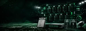 Cinematic football roster tracker graphic featuring a digital depth chart, offseason transactions, salary cap analysis, draft assets, and roster management strategy in a green stadium setting.