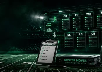 Cinematic football roster tracker graphic featuring a digital depth chart, offseason transactions, salary cap analysis, draft assets, and roster management strategy in a green stadium setting.