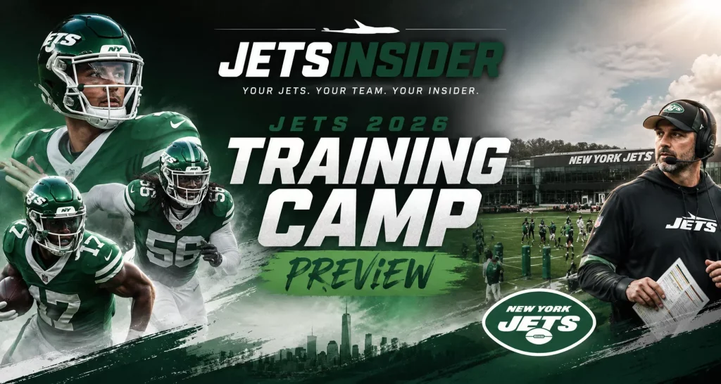 New York Jets 2026 training camp preview graphic featuring Jets players, head coach, the team practice facility, and JetsInsider branding.