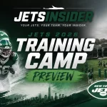New York Jets 2026 training camp preview graphic featuring Jets players, head coach, the team practice facility, and JetsInsider branding.