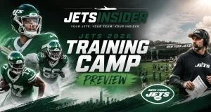New York Jets 2026 training camp preview graphic featuring Jets players, head coach, the team practice facility, and JetsInsider branding.