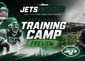 New York Jets 2026 training camp preview graphic featuring Jets players, head coach, the team practice facility, and JetsInsider branding.