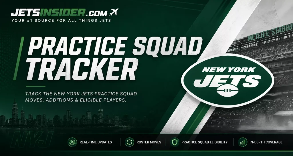 JetsInsider Practice Squad Tracker page header featuring New York Jets branding, MetLife Stadium backdrop, and graphics highlighting practice squad roster moves, player additions, eligibility updates, and real-time coverage.