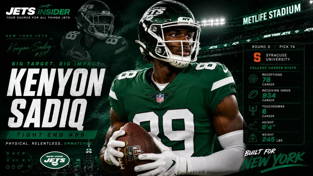 Player page image header. Kenyon Sadiq is the New York Jets' rookie tight end, selected with the 16th overall pick in the 2026 NFL Draft out of Oregon.