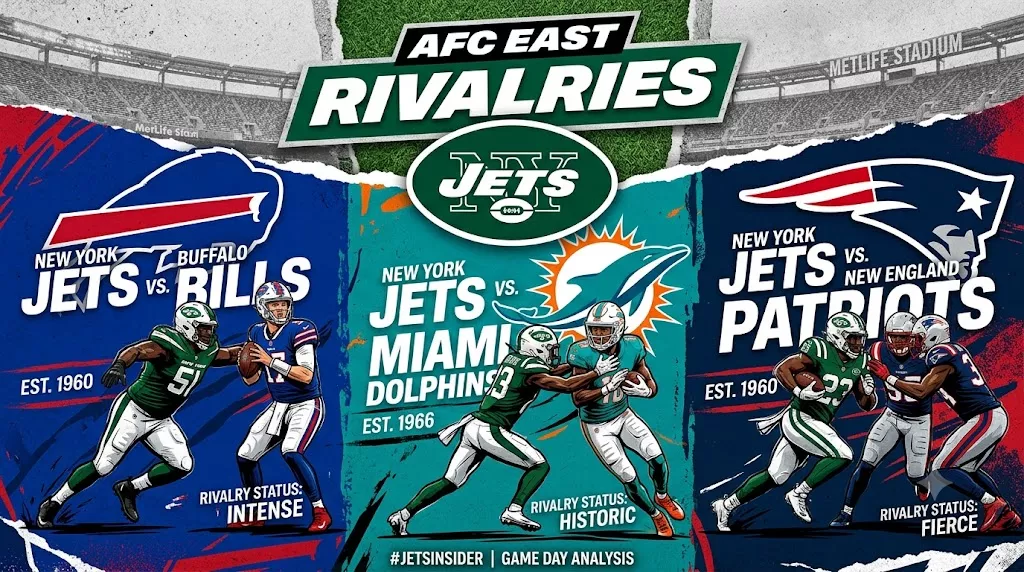 A panoramic graphic novel style header for JetsInsider.com, capturing the New York Jets' rivalries with distinct panels featuring key matchups: Garrett Wilson vs. Christian Barmore (Patriots), Sauce Gardner vs. Tyreek Hill (Dolphins), and a Jets defensive line rush against Josh Allen (Bills). Dynamic action effects connect the zones in a fierce MetLife Stadium collage.