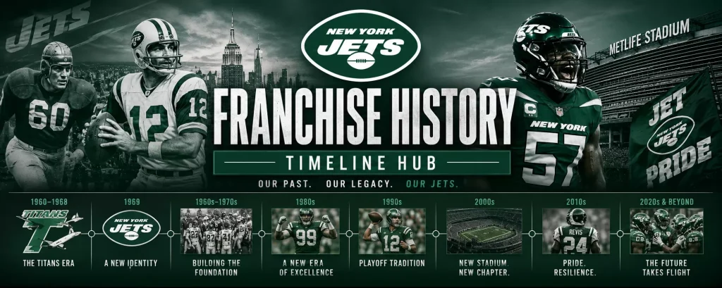 Chronological and epic master page header for JetsInsider.com charting the franchise history from 1960 to the present. The design flows left-to-right from the classic green and white of the 1968 Shea Stadium era, through the physical Meadowlands 'Sack Exchange' of the 1980s, Rex Ryan's raucous 2010 playoff run, and lands on the modern MetLife Stadium background under a bold title text reading: 'NEW YORK JETS: FRANCHISE HISTORY HUB