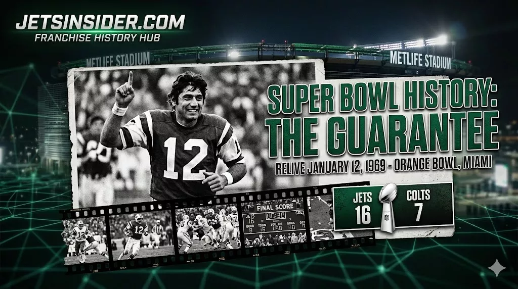Vintage-inspired high-contrast historical header for JetsInsider.com celebrating Super Bowl III. Features a stylized retro layout of Joe Namath jogging off the Orange Bowl field wagging his index finger, alongside old-school film reel graphics, the final score 'JETS 16 - COLTS 7', and bold text reading 'SUPER BOWL HISTORY: THE GUARANTEE