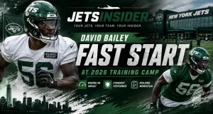 New York Jets linebacker David Bailey during 2026 training camp, highlighting his fast start, standout defensive play, and early impact at the Jets practice facility.