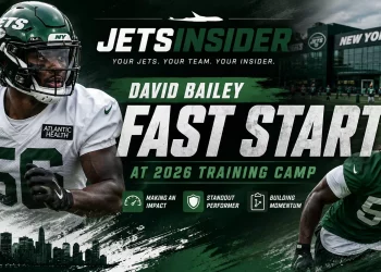 New York Jets linebacker David Bailey during 2026 training camp, highlighting his fast start, standout defensive play, and early impact at the Jets practice facility.