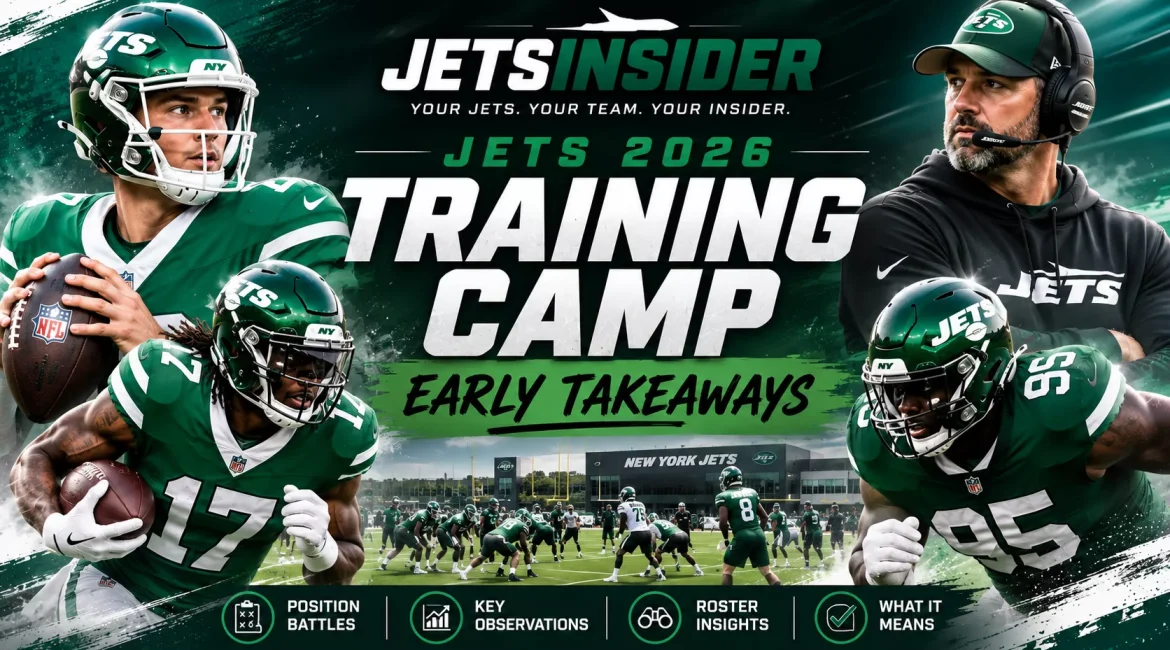 New York Jets 2026 training camp header graphic featuring Jets players, the coaching staff, and the team's practice facility, highlighting early takeaways, roster battles, and key observations from training camp.