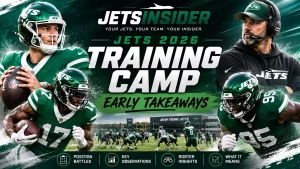New York Jets 2026 training camp header graphic featuring Jets players, the coaching staff, and the team's practice facility, highlighting early takeaways, roster battles, and key observations from training camp.