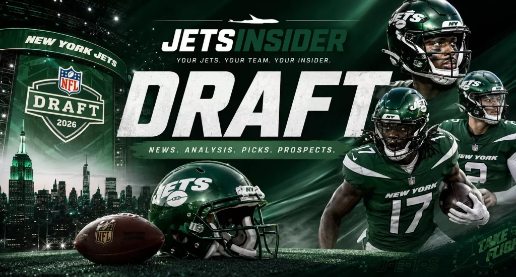 New York Jets NFL Draft header graphic featuring Jets players, a football helmet, NFL Draft branding, and the New York City skyline, representing draft news, analysis, prospects