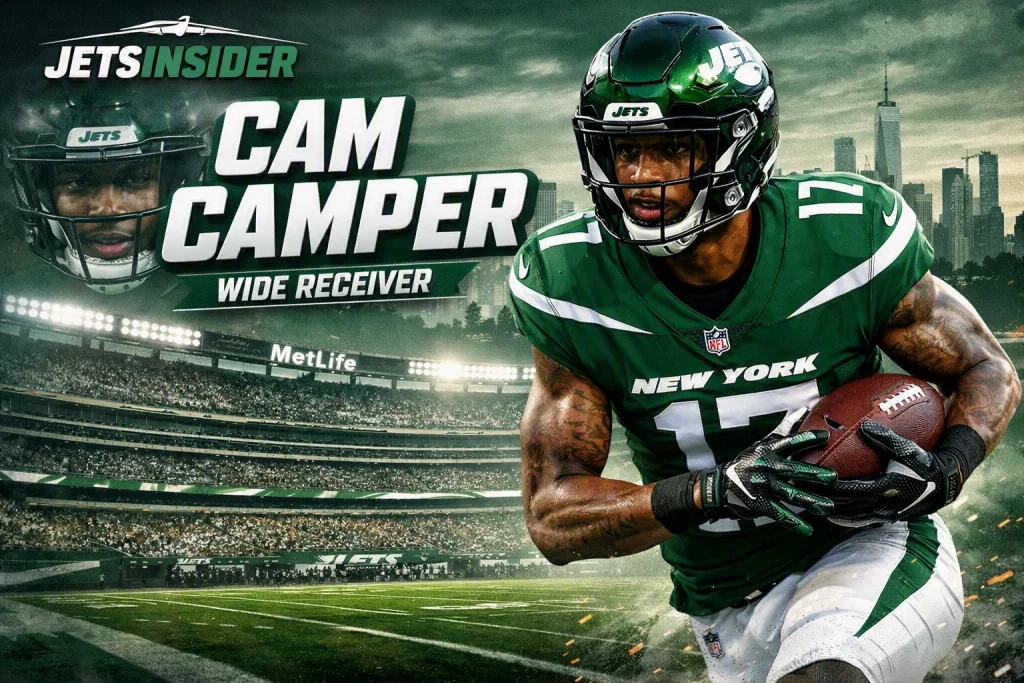 Cam Camper, wide receiver for the New York Jets, sprinting across MetLife Stadium in a green and white uniform (#17) while gripping a football; JetsInsider logo and “CAM CAMPER – WIDE RECEIVER” text overlay with the New York City skyline in the background.