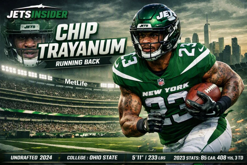 Chip Trayanum, running back for the New York Jets, sprinting with a football at MetLife Stadium; JetsInsider logo and “CHIP TRAYANUM – RUNNING BACK” text overlay with the New York City skyline in the background.